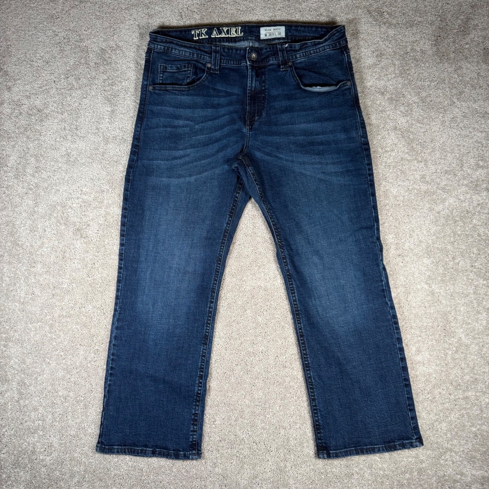 TK Axel Slim Boot Men's 38x30 Dark Wash Blue Denim Jeans Stretch Cotton Blend‎